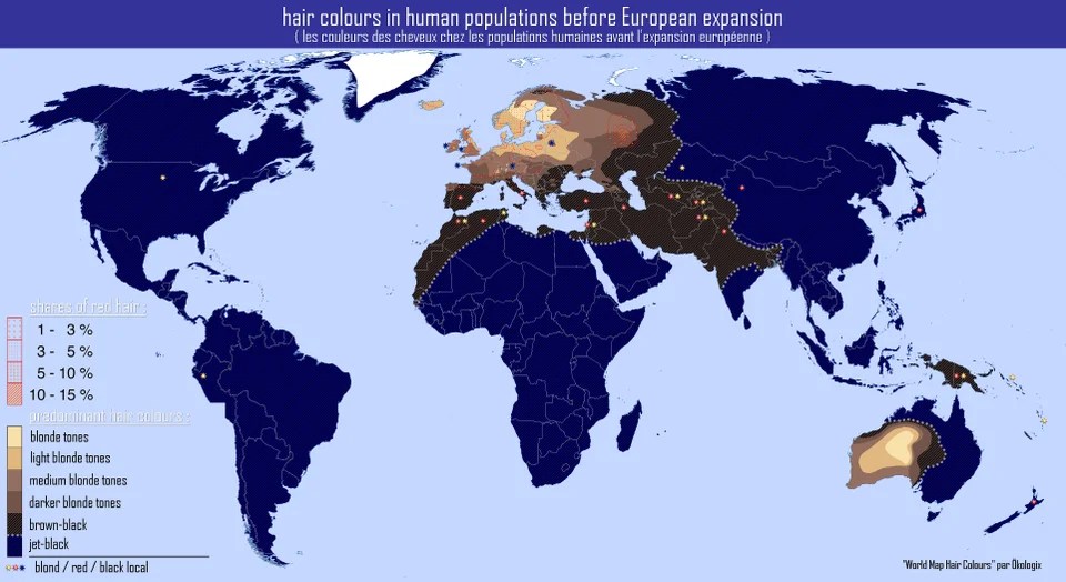 Hair colors in human populations before European expansion