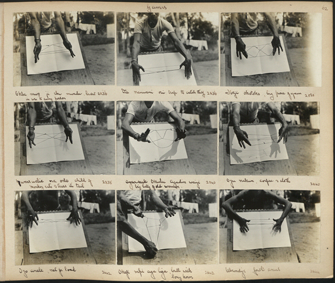 Photographs of individuals demonstrating traditional Nigerian string games, showing hand movements and patterns created with loops of thread on a white surface.